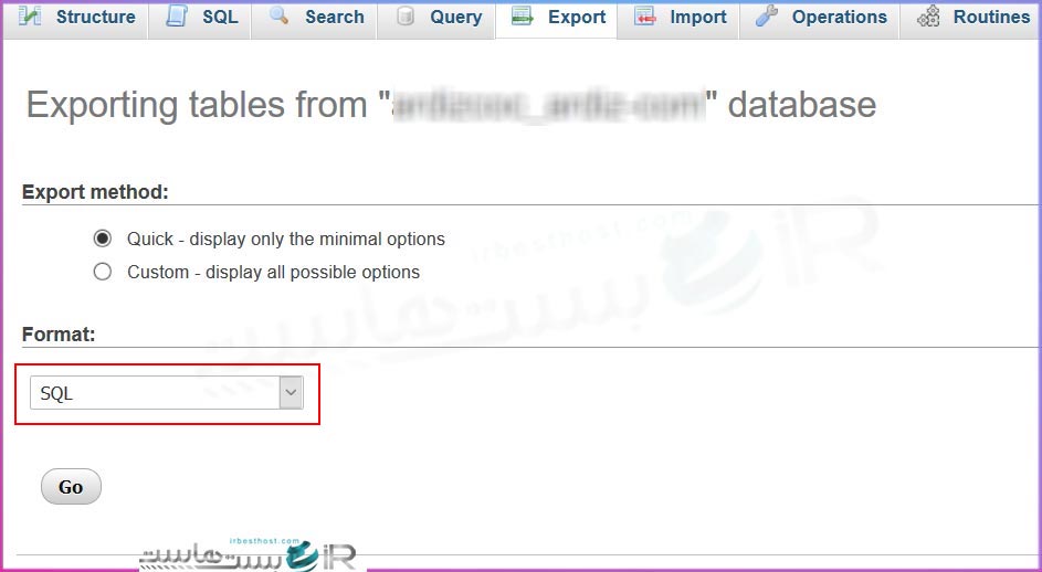 اکسپورت یا خروجی گرفتن از فایل sql. از طریق phpmyadmin